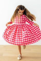 Hot Pink Gingham 3/4 Sleeve Pocket Twirl Dress - Mila & Rose ® - Flyclothing LLC
