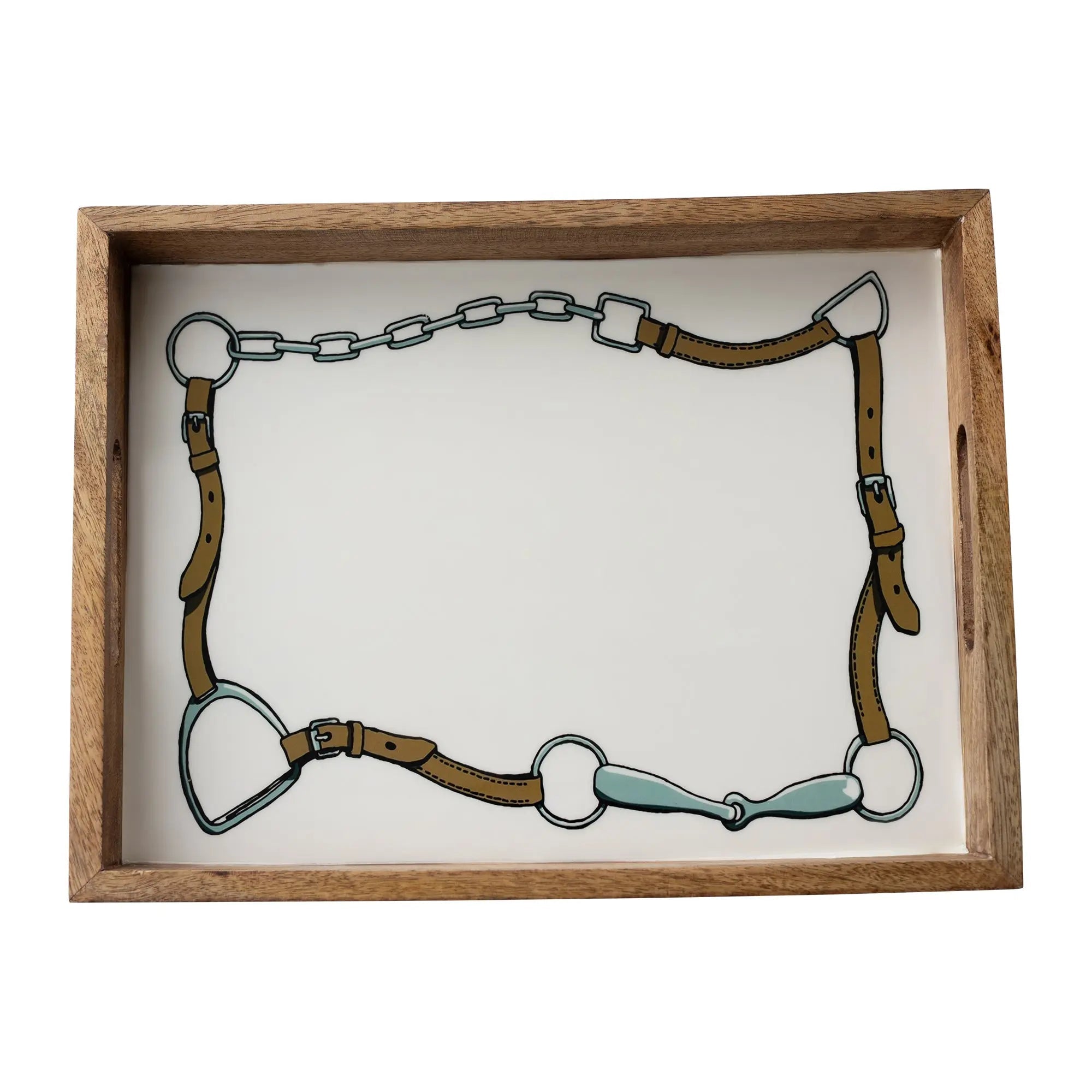 Huntley Equestrian Bridle and Bit Wooden Serving Tray, White-Equestrian Home Decor