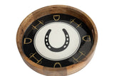 Huntley Equestrian Horsehoe and Bit Round Wooden Tray-Black and Gold Equestrian Home Decor