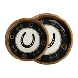 Huntley Equestrian Horsehoe and Bit Round Wooden Tray-Black and Gold Equestrian Home Decor