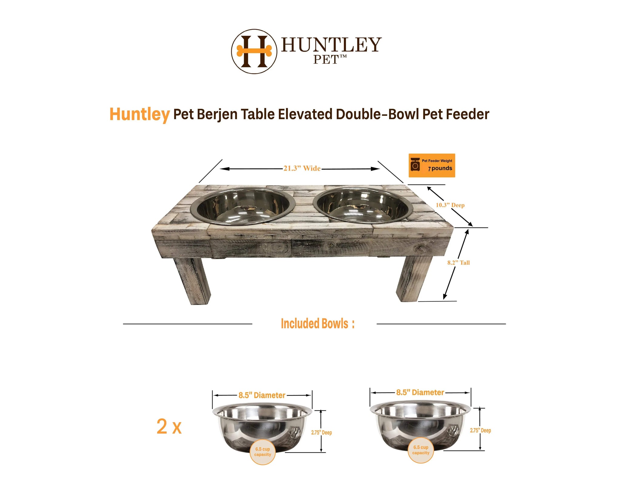 Huntley Pet Berjen Table Elevated Double Bowl Pet Feeder, White Wash - Huntley Equestrian - Flyclothing LLC