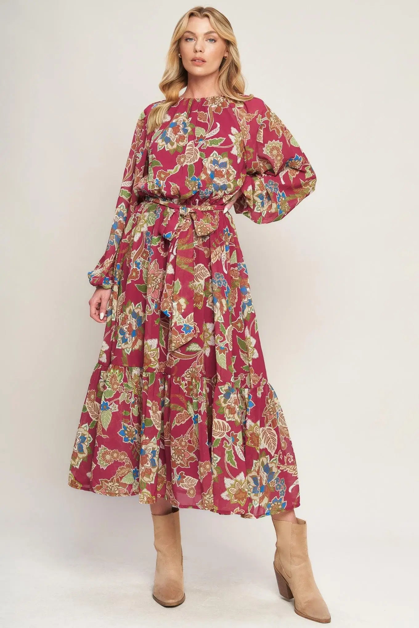 FLORALLY CHIC WOVEN MIDI DRESS - Flying Tomato - Flyclothing LLC