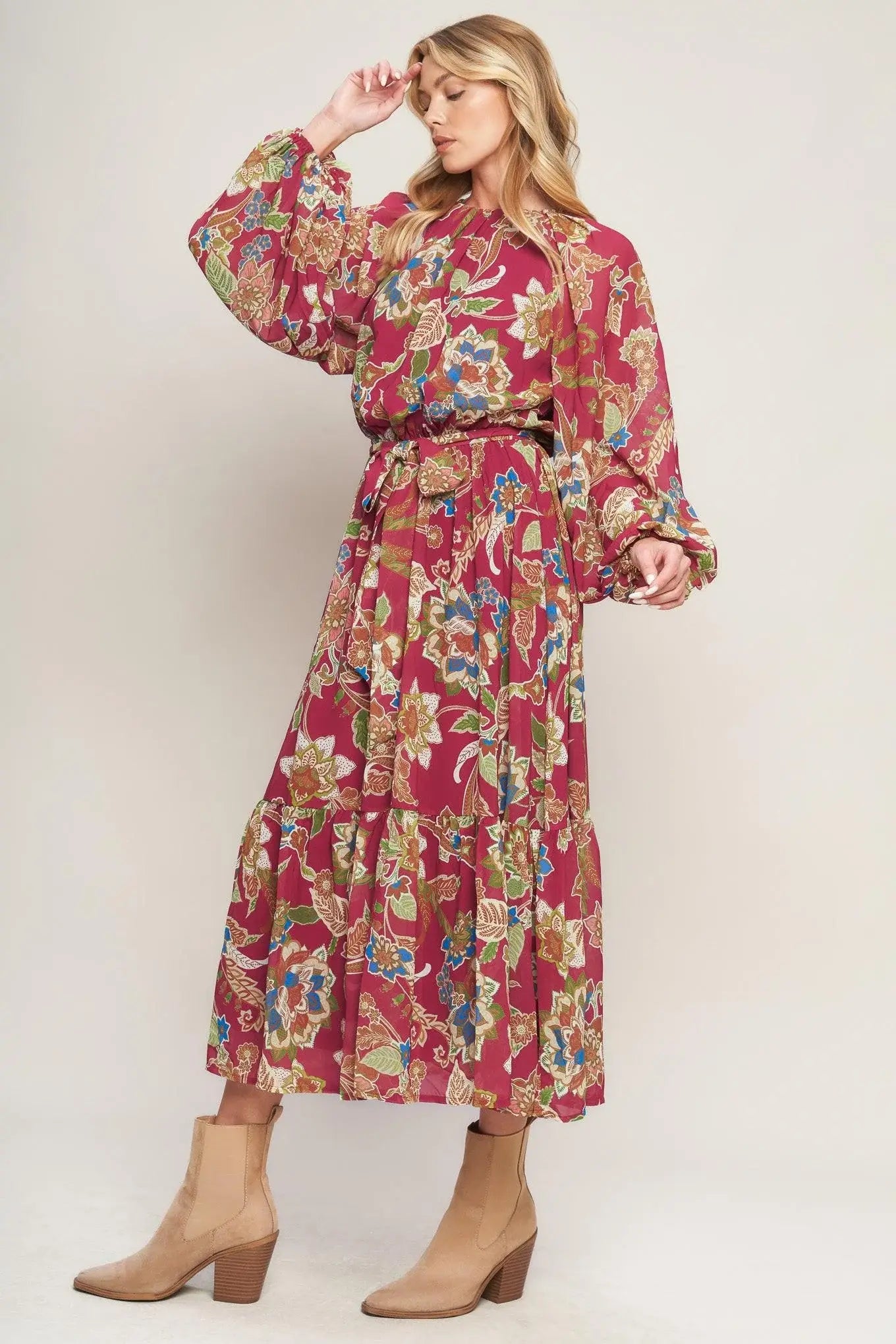 FLORALLY CHIC WOVEN MIDI DRESS - Flying Tomato - Flyclothing LLC
