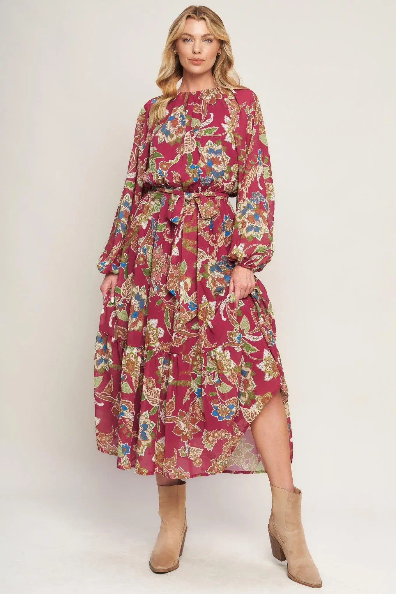 FLORALLY CHIC WOVEN MIDI DRESS - Flying Tomato - Flyclothing LLC