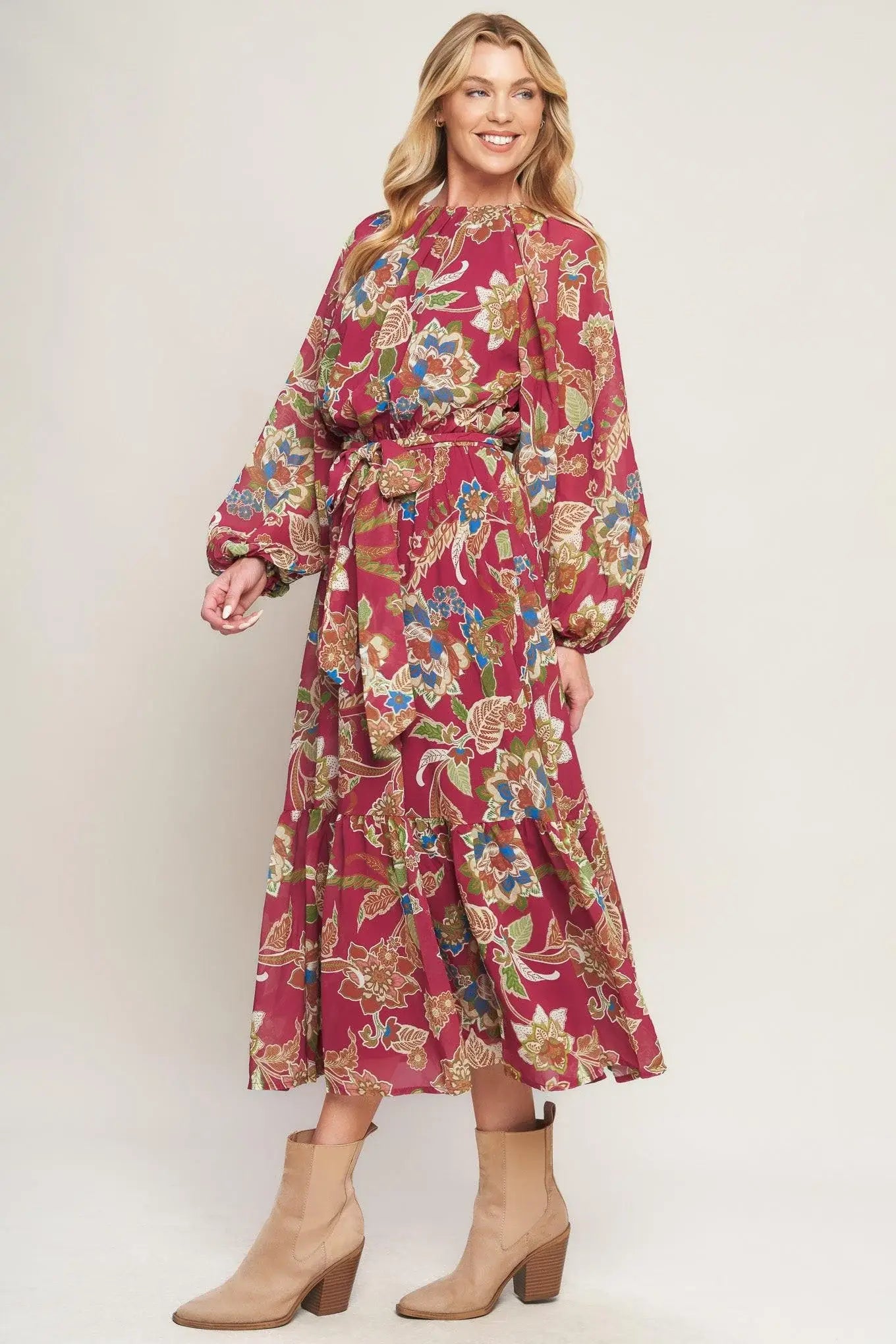 FLORALLY CHIC WOVEN MIDI DRESS - Flying Tomato - Flyclothing LLC