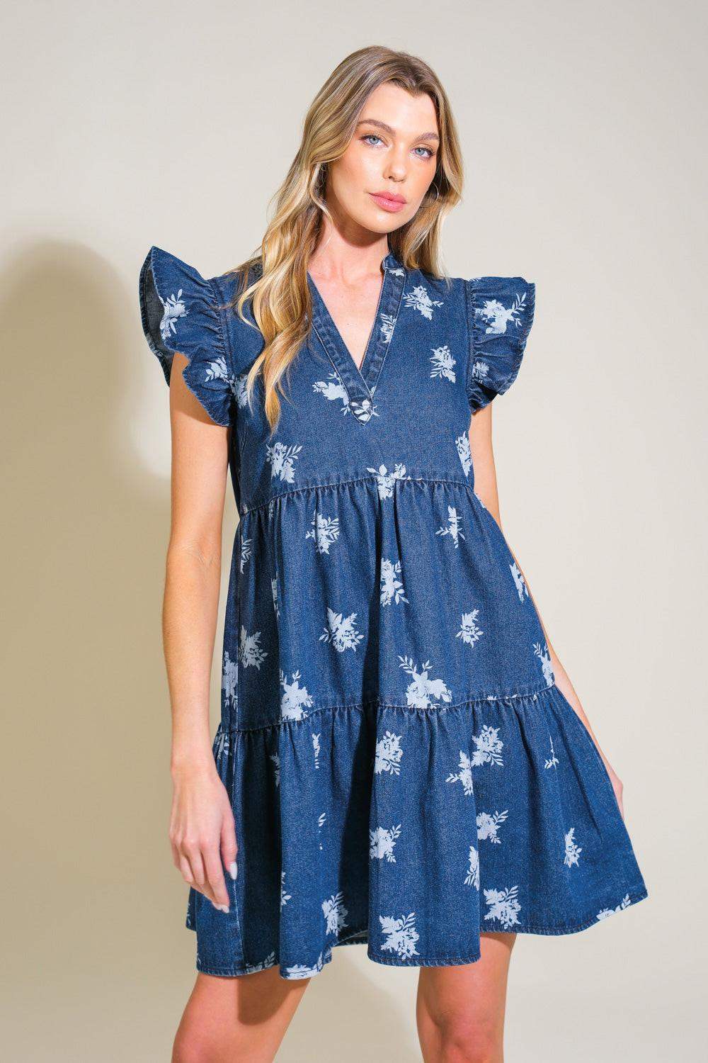 ROMANTICALLY ENTANGLED DENIM MINI DRESS - Flying Tomato - Flyclothing LLC