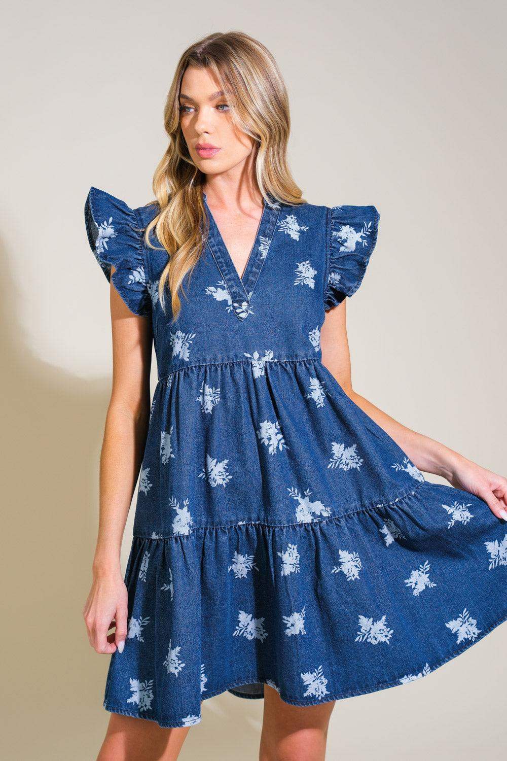 ROMANTICALLY ENTANGLED DENIM MINI DRESS - Flying Tomato - Flyclothing LLC