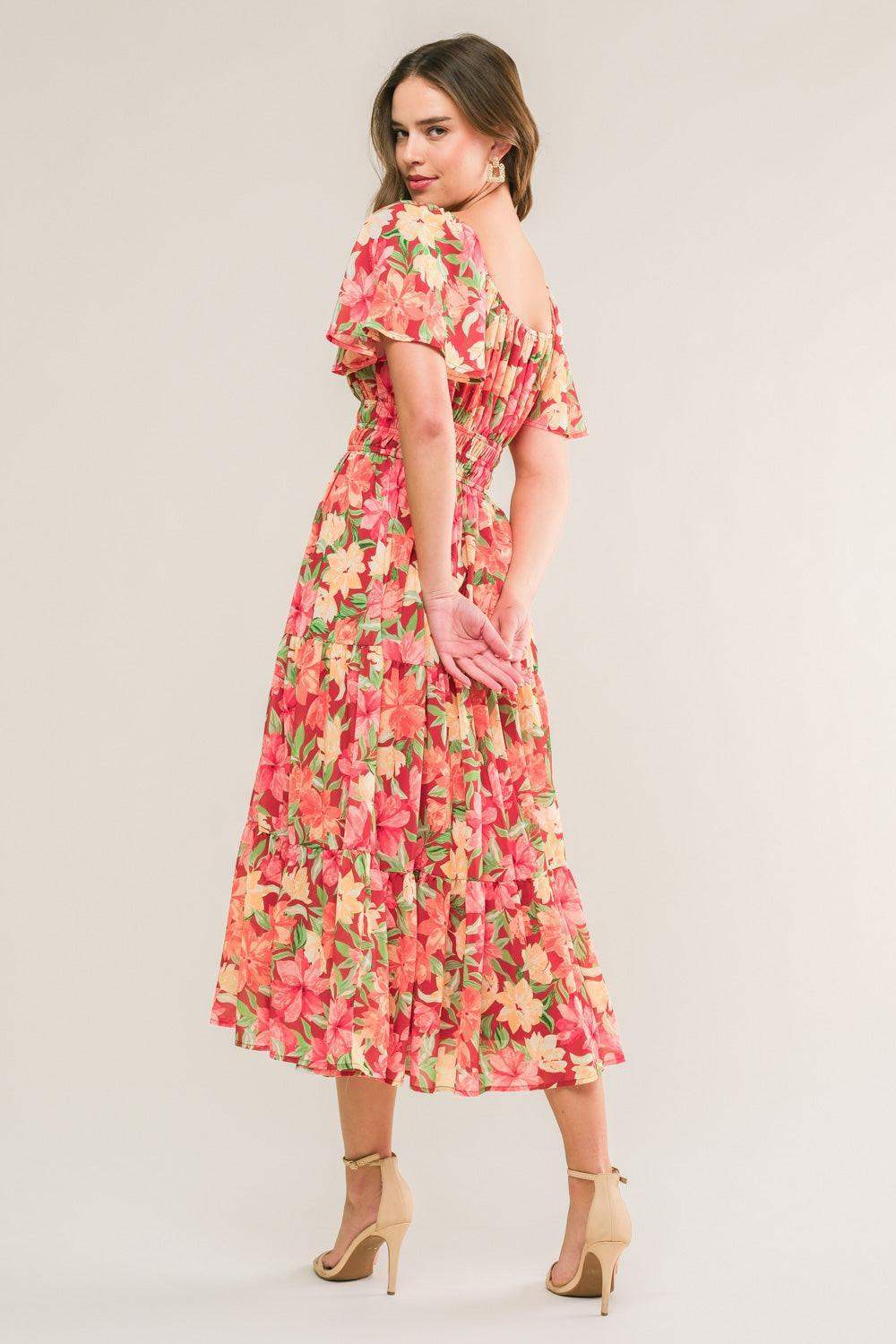 LOVE IS BLOOMING WOVEN MIDI DRESS - Flying Tomato - Flyclothing LLC