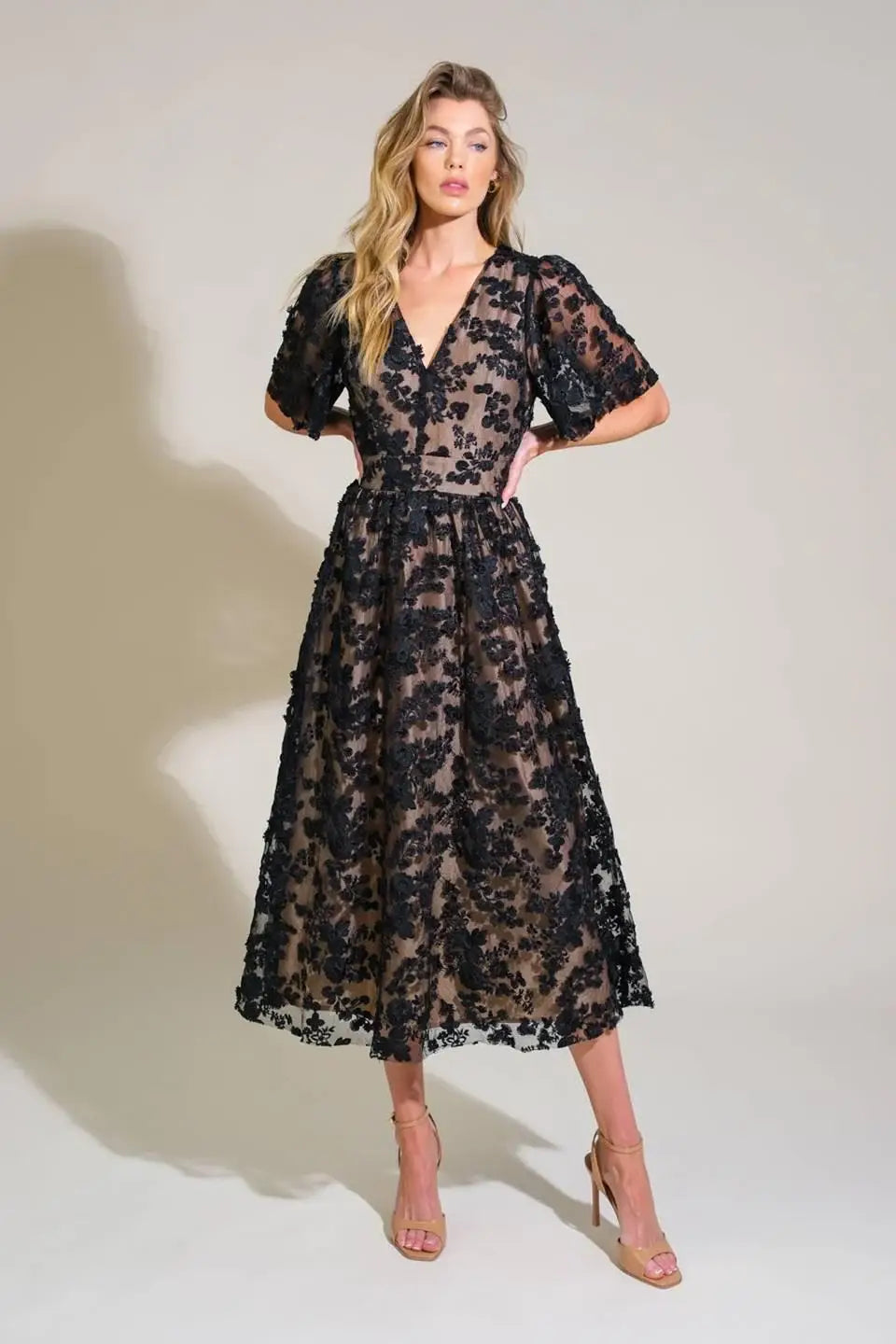 DREAMY BLOSSOM WOVEN LACE MIDI DRESS - Flying Tomato - Flyclothing LLC