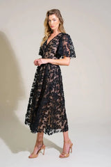 DREAMY BLOSSOM WOVEN LACE MIDI DRESS - Flying Tomato - Flyclothing LLC