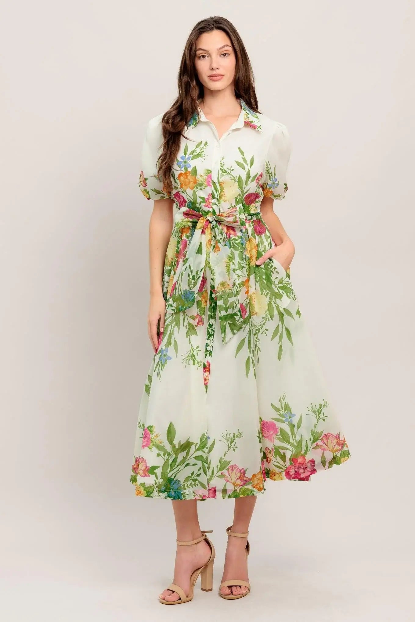 FRESH BLOSSOM IVORY WOVEN MIDI DRESS - Flying Tomato - Flyclothing LLC