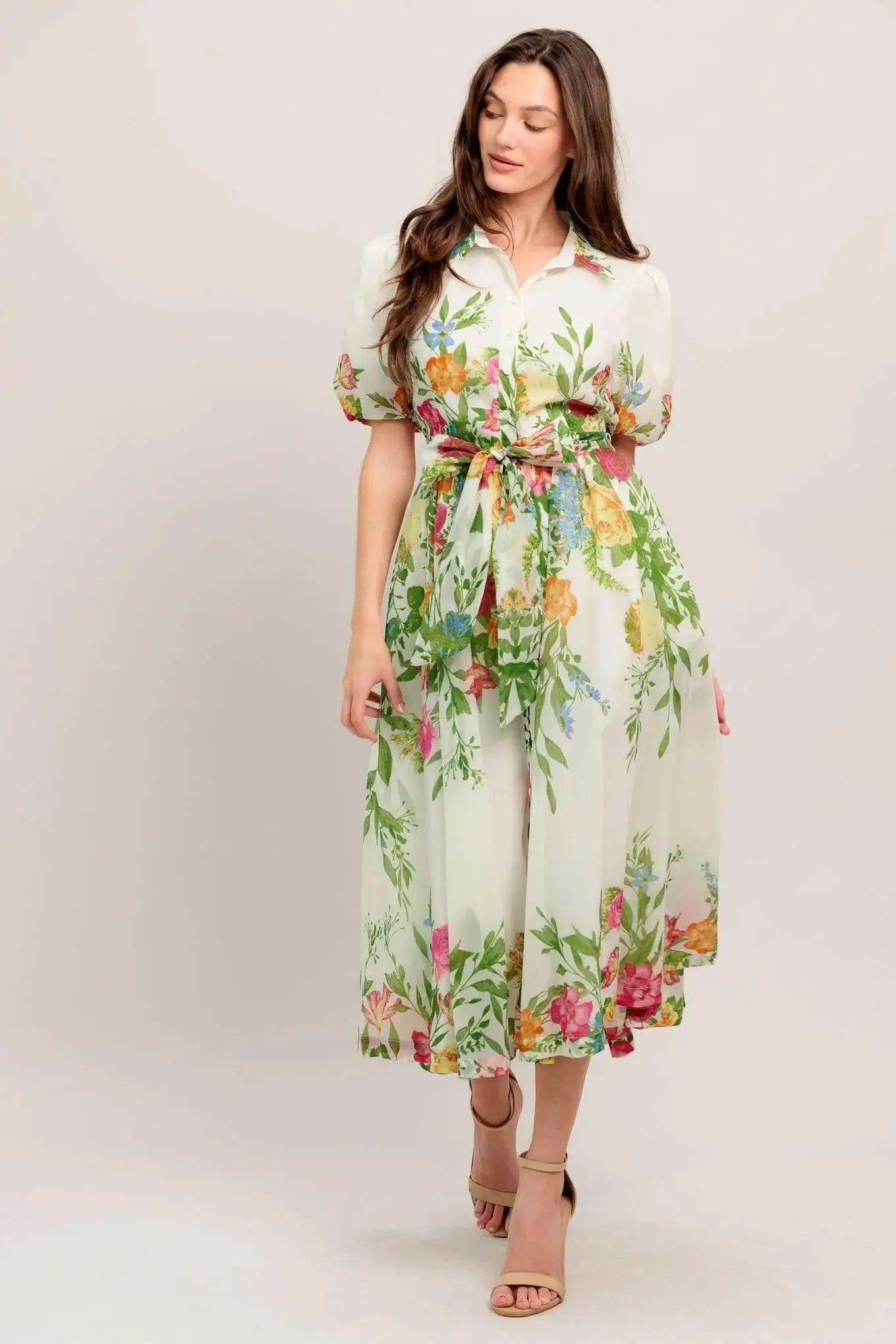 FRESH BLOSSOM IVORY WOVEN MIDI DRESS - Flying Tomato - Flyclothing LLC