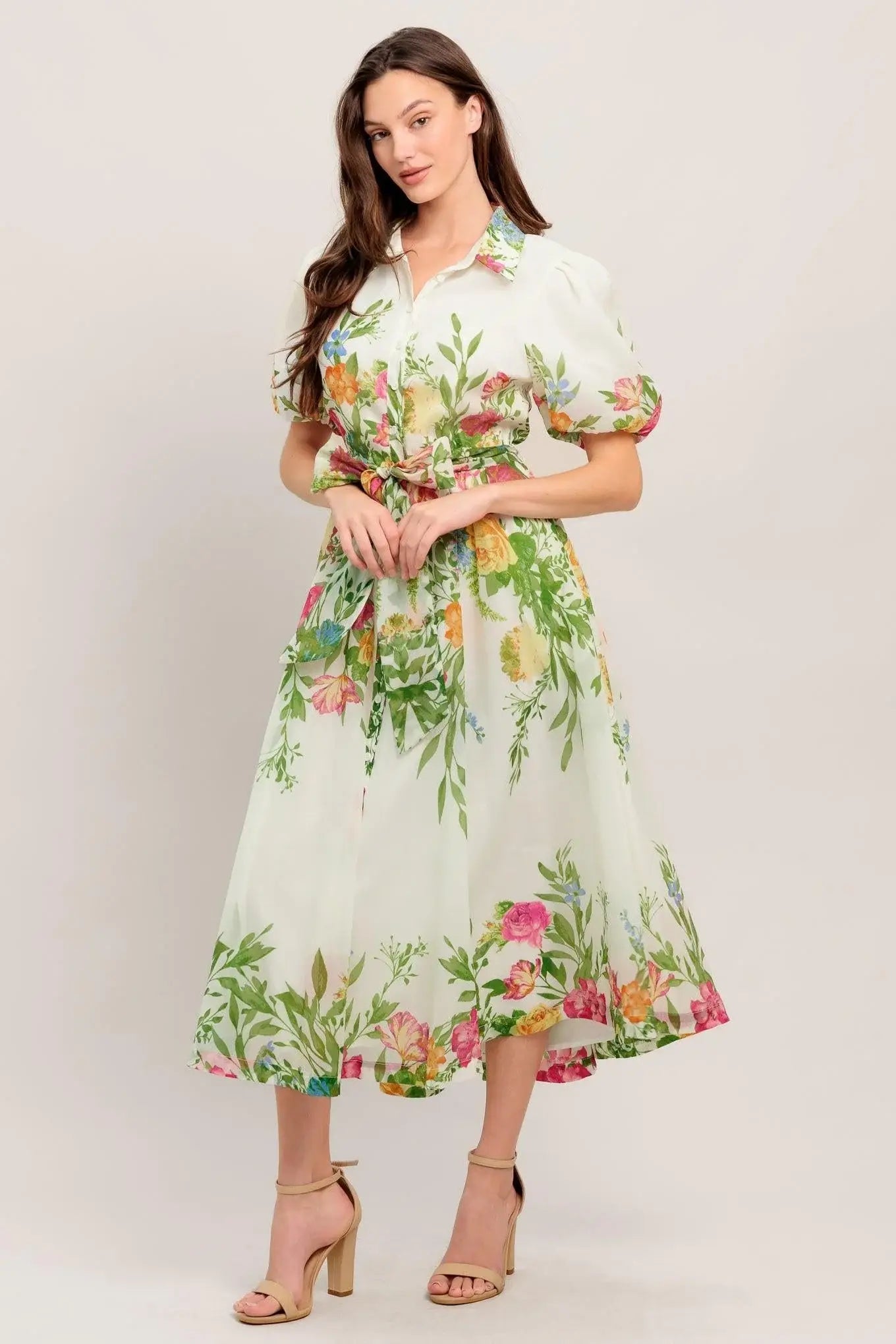FRESH BLOSSOM IVORY WOVEN MIDI DRESS - Flying Tomato - Flyclothing LLC