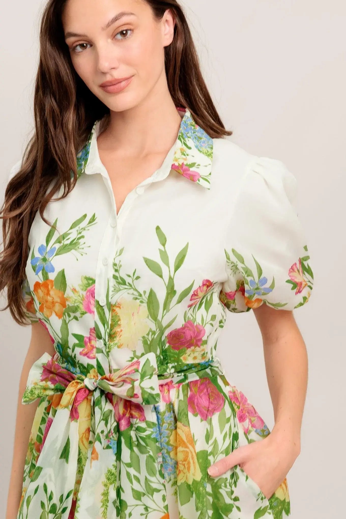 FRESH BLOSSOM IVORY WOVEN MIDI DRESS - Flying Tomato - Flyclothing LLC