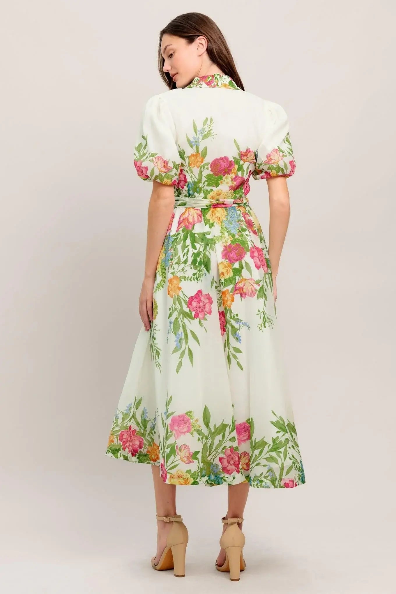 FRESH BLOSSOM IVORY WOVEN MIDI DRESS - Flying Tomato - Flyclothing LLC