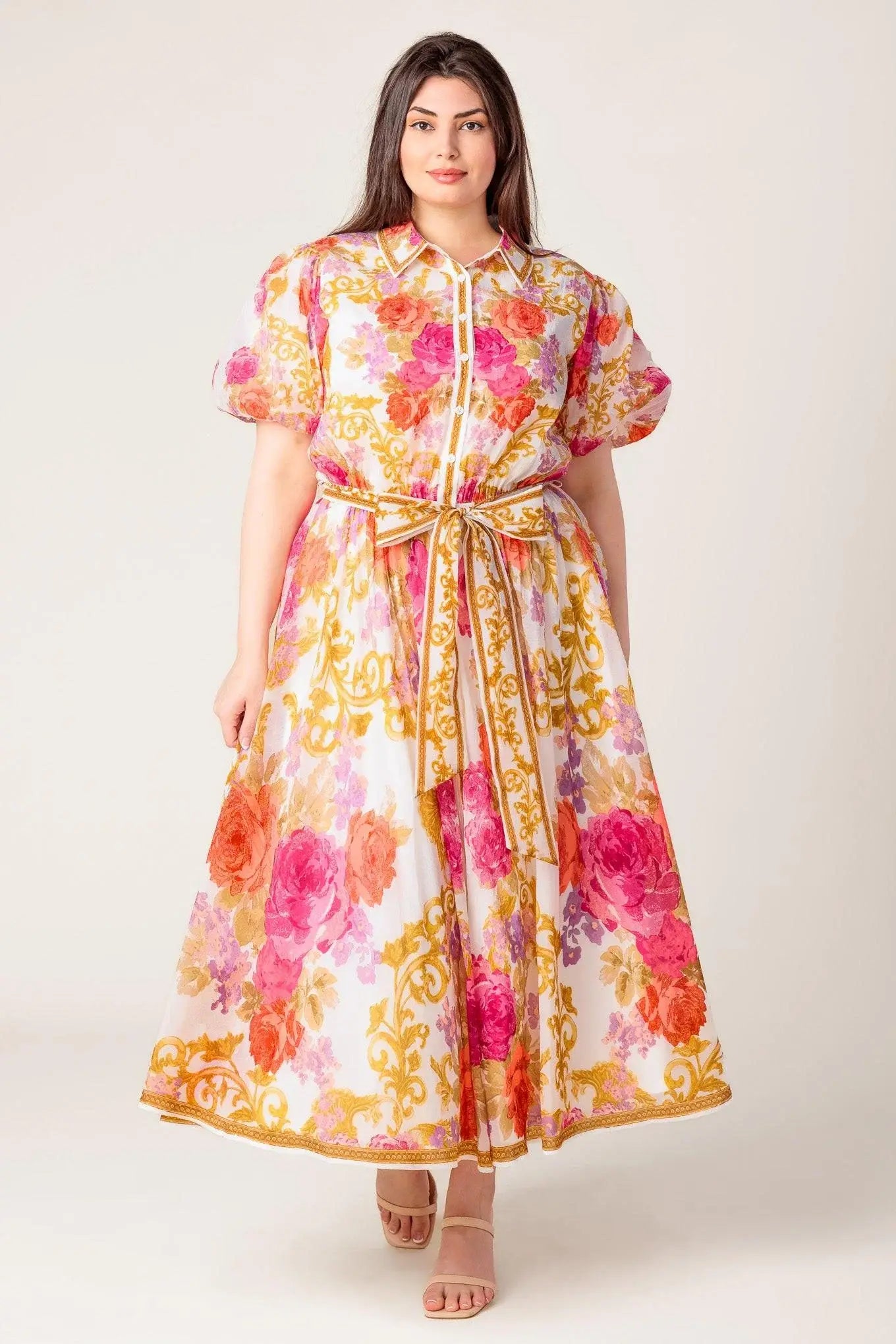 GARDEN TAPESTRY IVORY FLORAL WOVEN MIDI DRESS - Flying Tomato - Flyclothing LLC