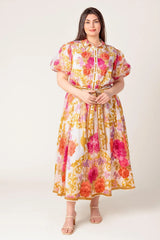 GARDEN TAPESTRY IVORY FLORAL WOVEN MIDI DRESS - Flying Tomato - Flyclothing LLC