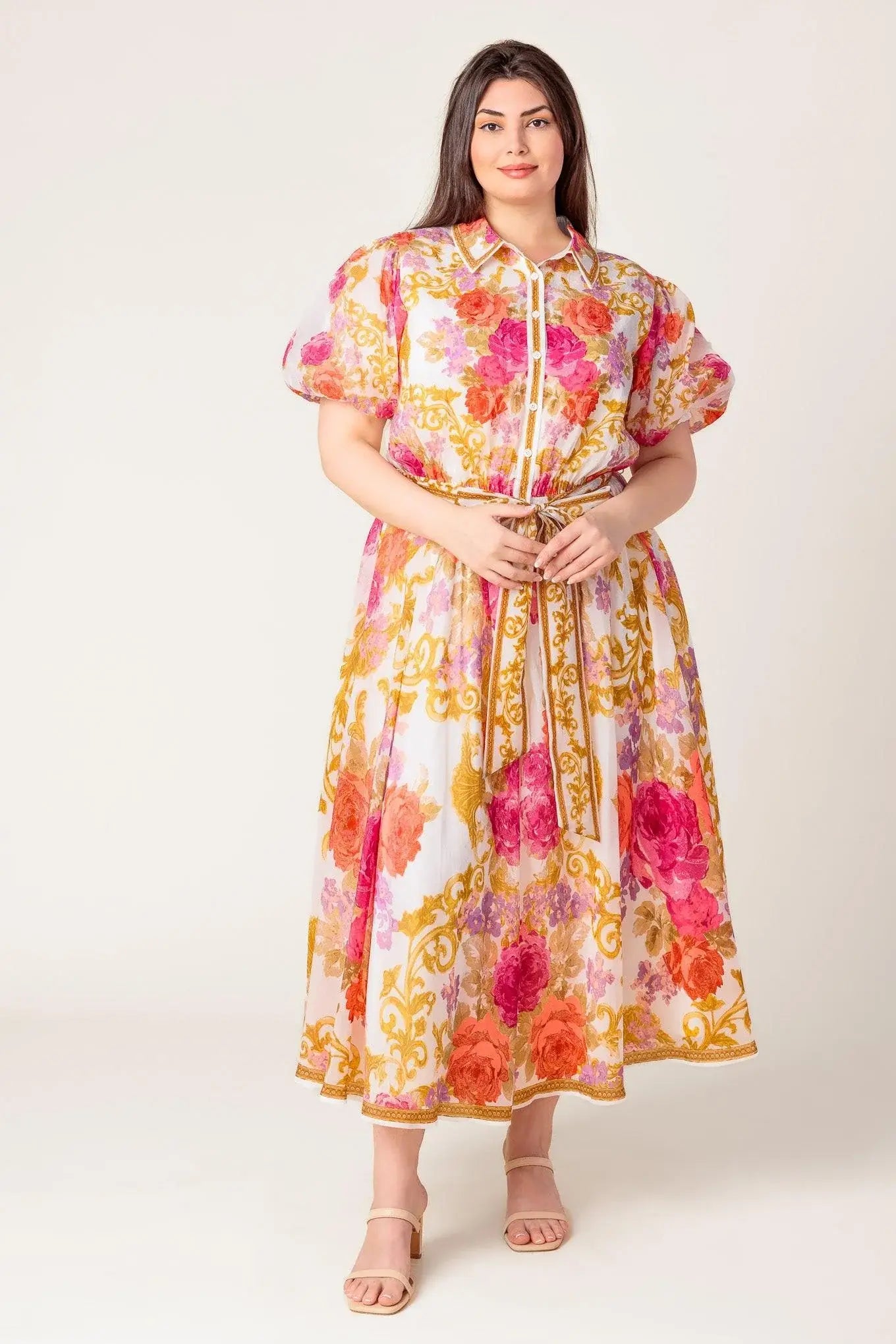 GARDEN TAPESTRY IVORY FLORAL WOVEN MIDI DRESS - Flying Tomato - Flyclothing LLC