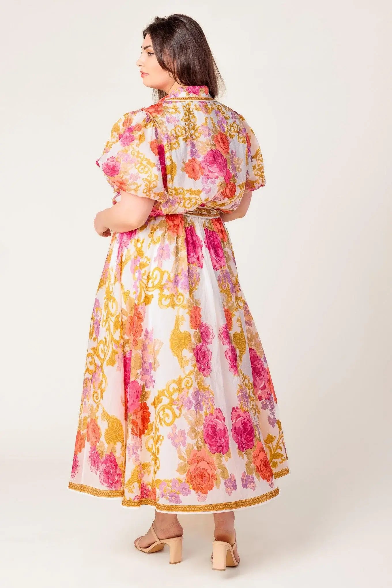 GARDEN TAPESTRY IVORY FLORAL WOVEN MIDI DRESS - Flying Tomato - Flyclothing LLC