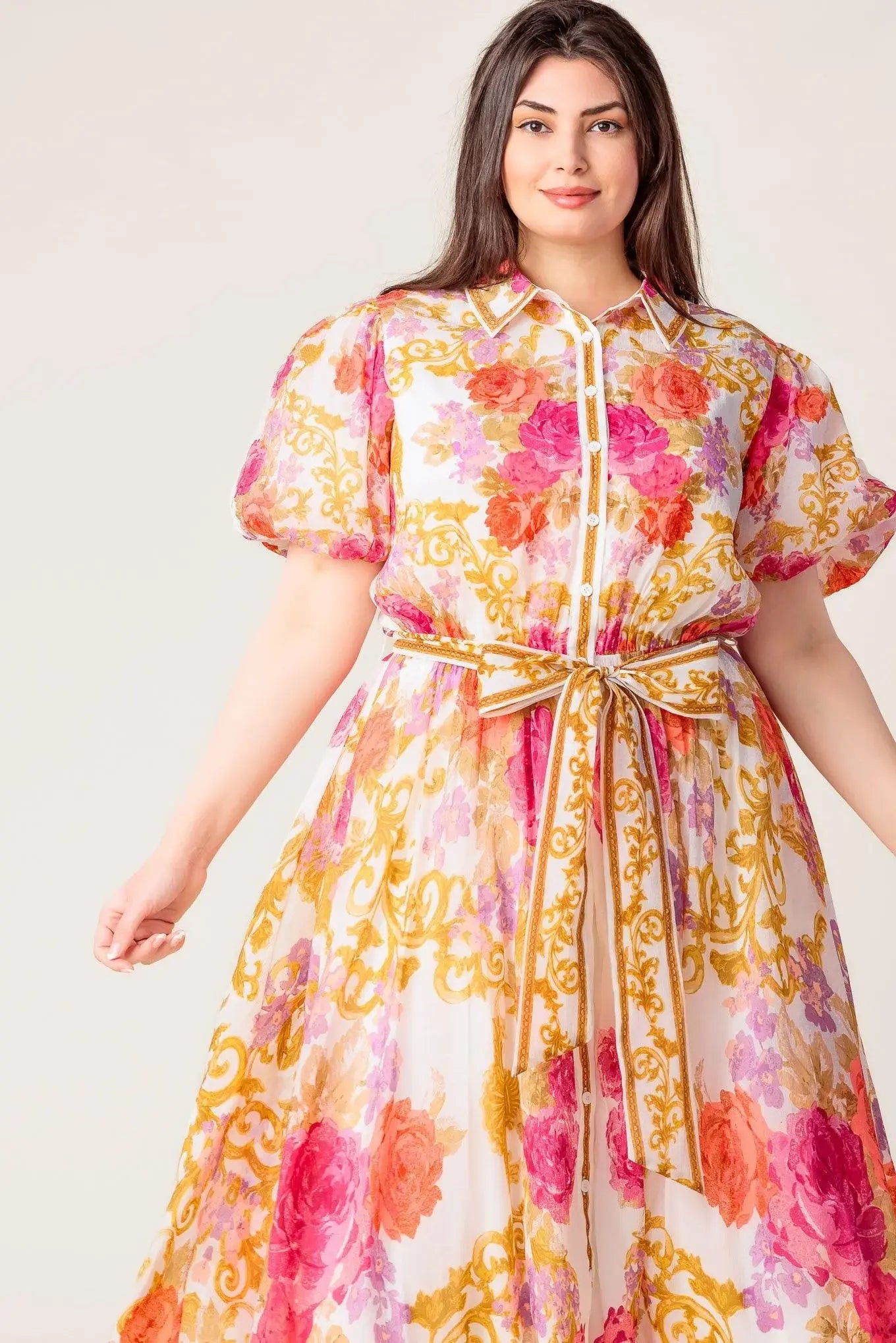 GARDEN TAPESTRY IVORY FLORAL WOVEN MIDI DRESS - Flying Tomato - Flyclothing LLC