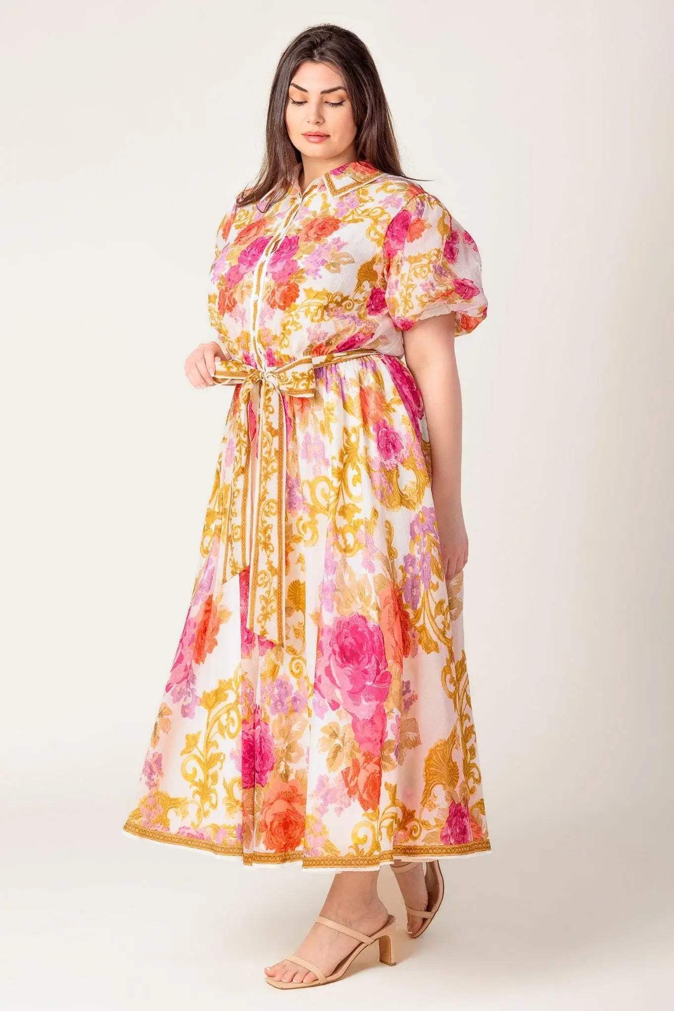 GARDEN TAPESTRY IVORY FLORAL WOVEN MIDI DRESS - Flying Tomato - Flyclothing LLC