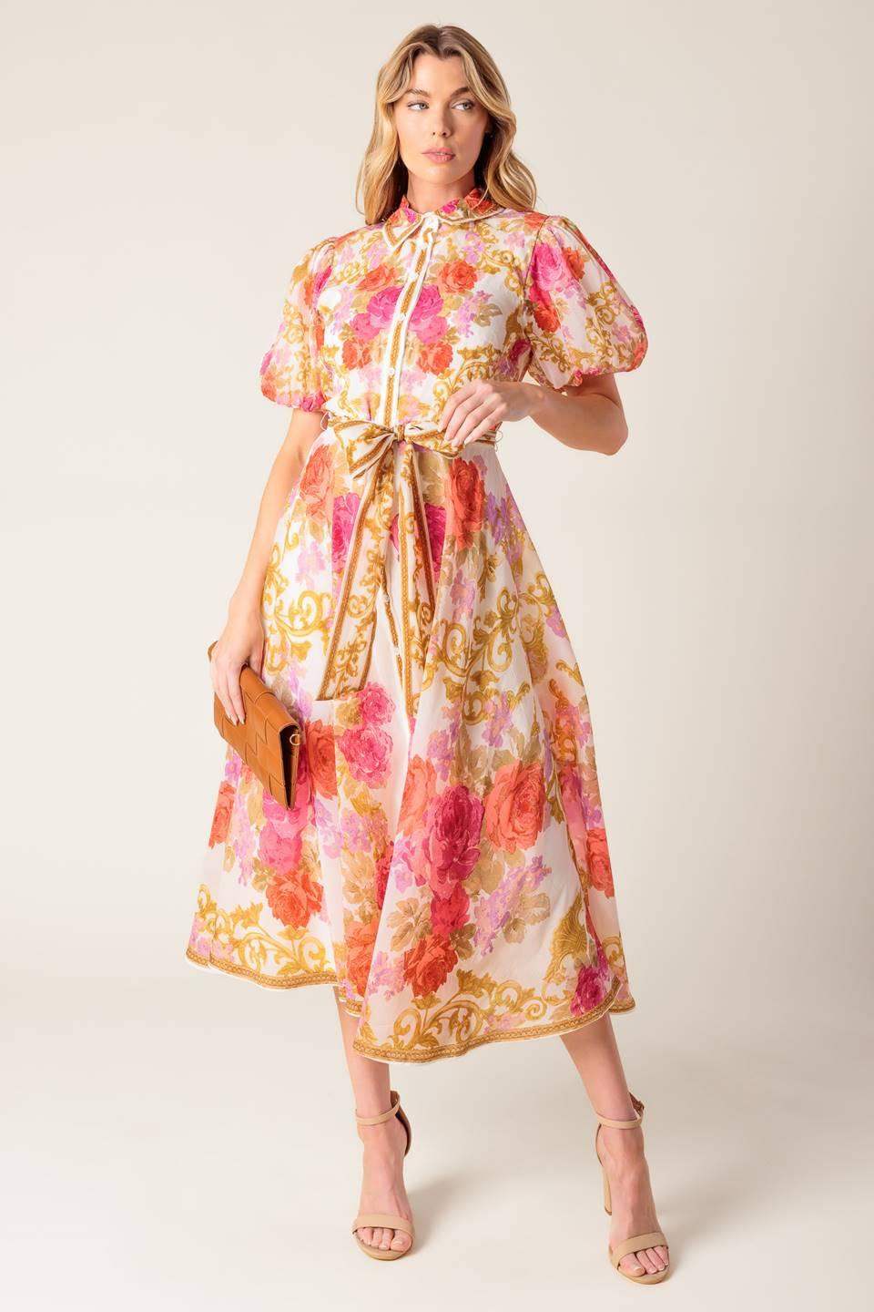 GARDEN TAPESTRY IVORY FLORAL WOVEN MIDI DRESS - Flying Tomato - Flyclothing LLC