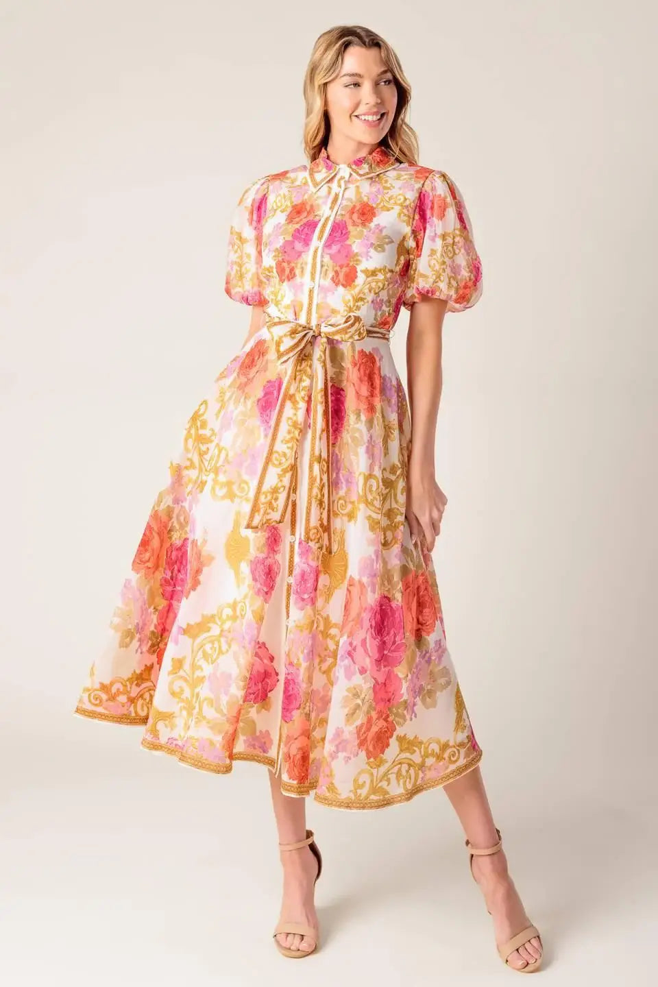 GARDEN TAPESTRY IVORY FLORAL WOVEN MIDI DRESS - Flying Tomato - Flyclothing LLC