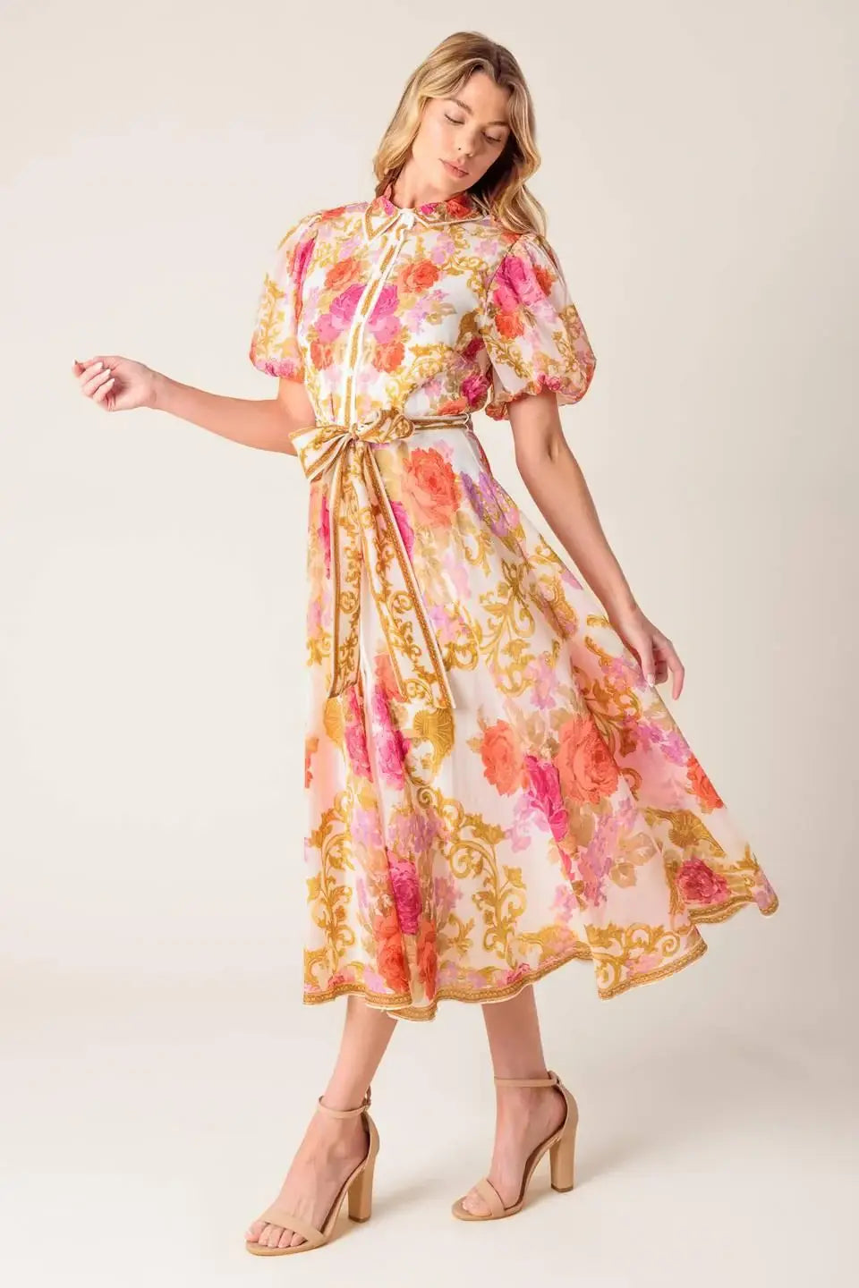 GARDEN TAPESTRY IVORY FLORAL WOVEN MIDI DRESS - Flying Tomato - Flyclothing LLC