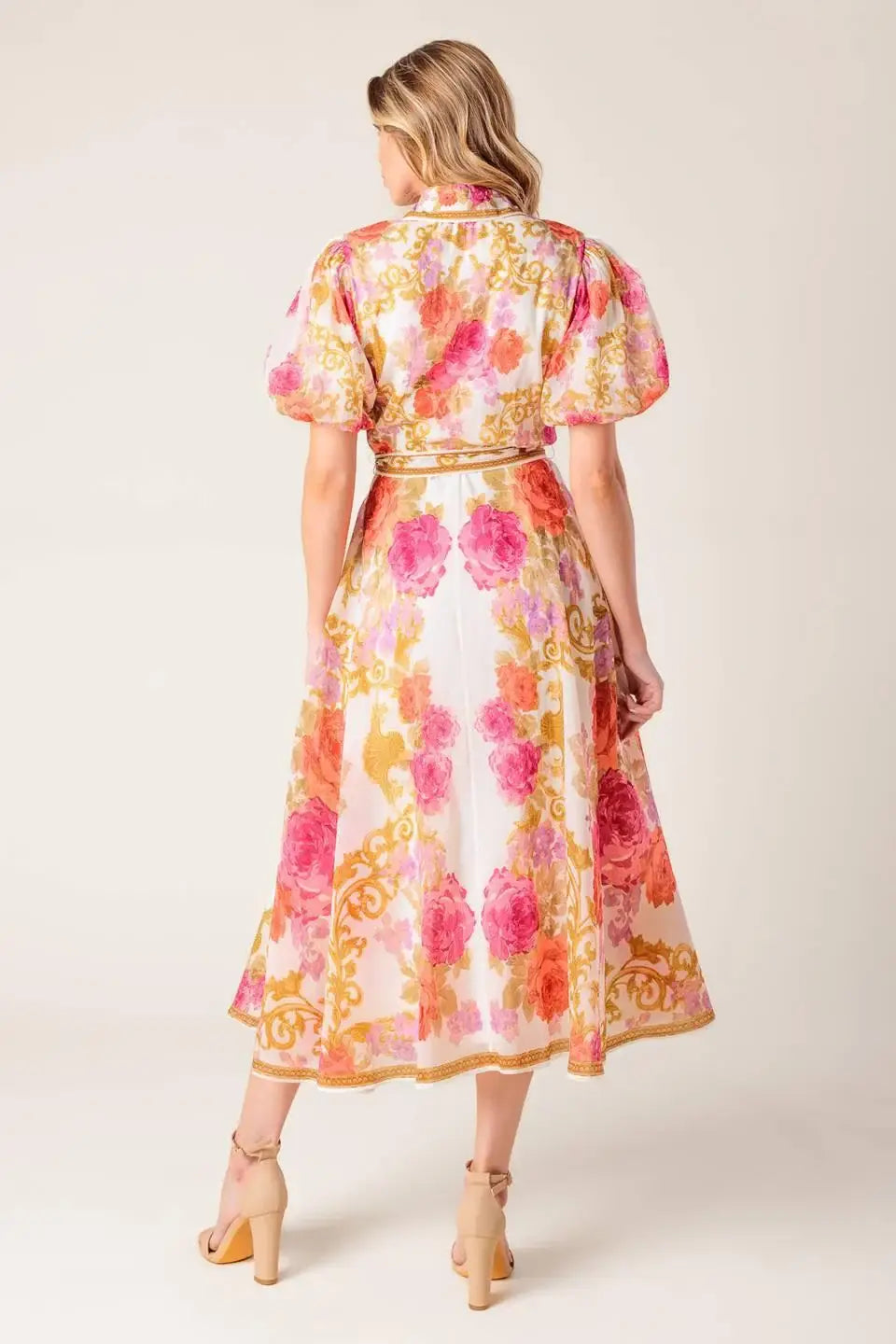 GARDEN TAPESTRY IVORY FLORAL WOVEN MIDI DRESS - Flying Tomato - Flyclothing LLC