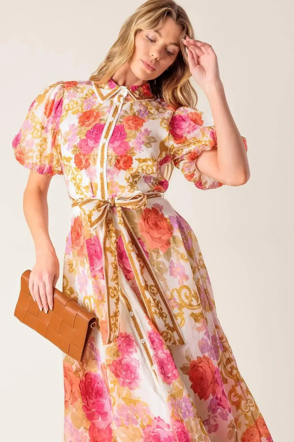 GARDEN TAPESTRY IVORY FLORAL WOVEN MIDI DRESS - Flying Tomato - Flyclothing LLC
