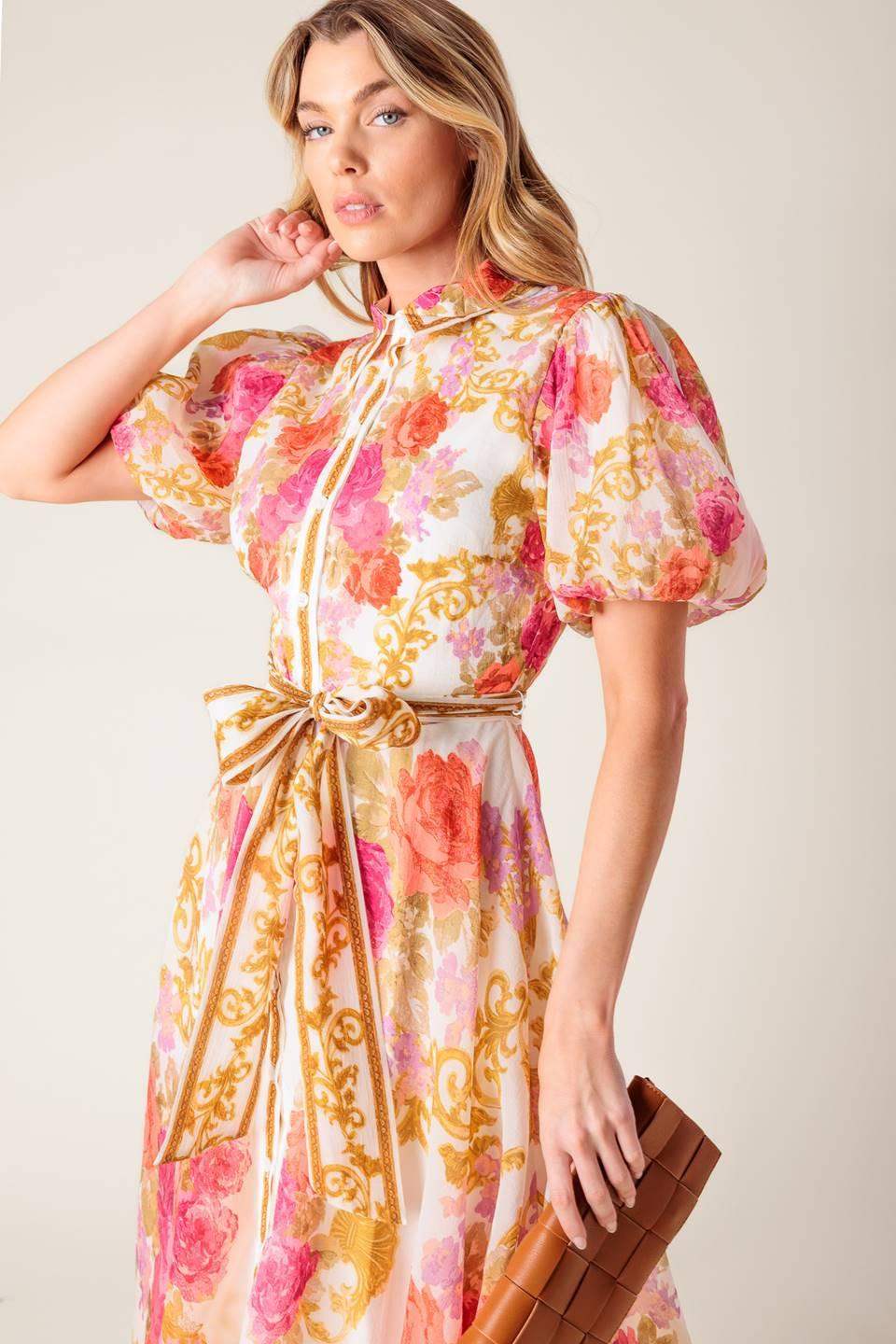 GARDEN TAPESTRY IVORY FLORAL WOVEN MIDI DRESS - Flying Tomato - Flyclothing LLC
