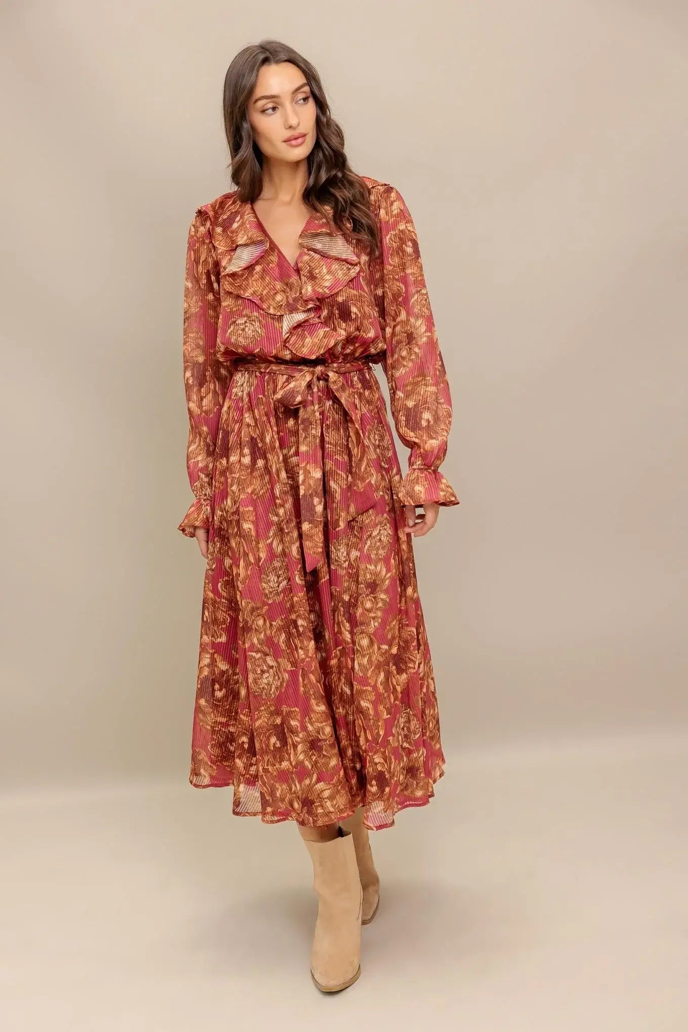 AUTUMN SONATA WOVEN MIDI DRESS - Flying Tomato - Flyclothing LLC