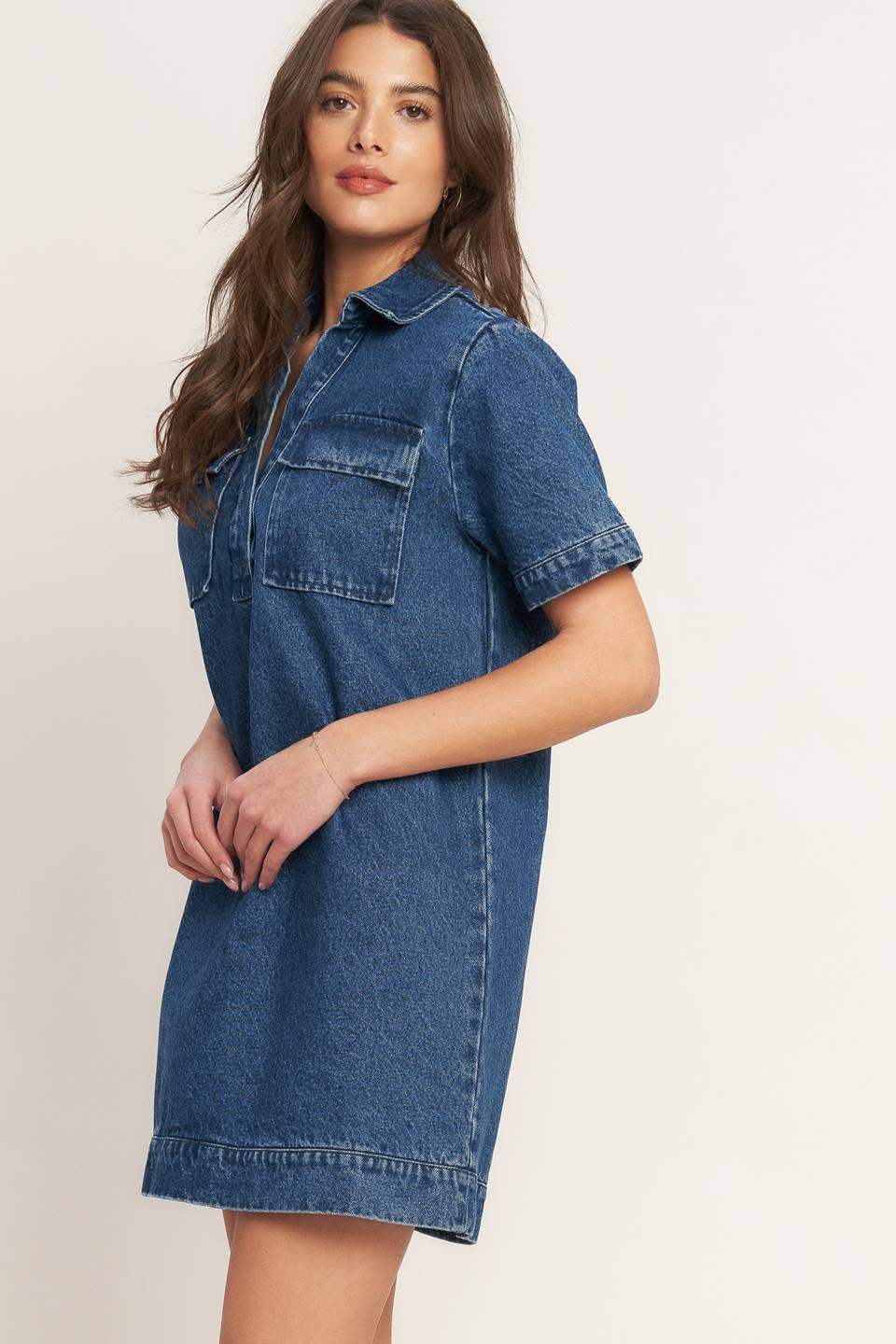 BLUE CANVAS DENIM MINI DRESS - Flying Tomato - Flyclothing LLC