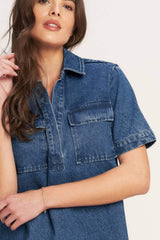 BLUE CANVAS DENIM MINI DRESS - Flying Tomato - Flyclothing LLC