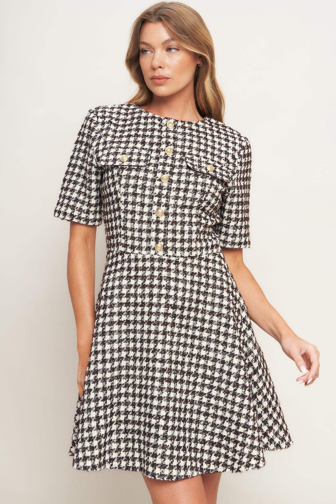 ELEGANT CHECK TWEED MINI DRESS - Flying Tomato - Flyclothing LLC