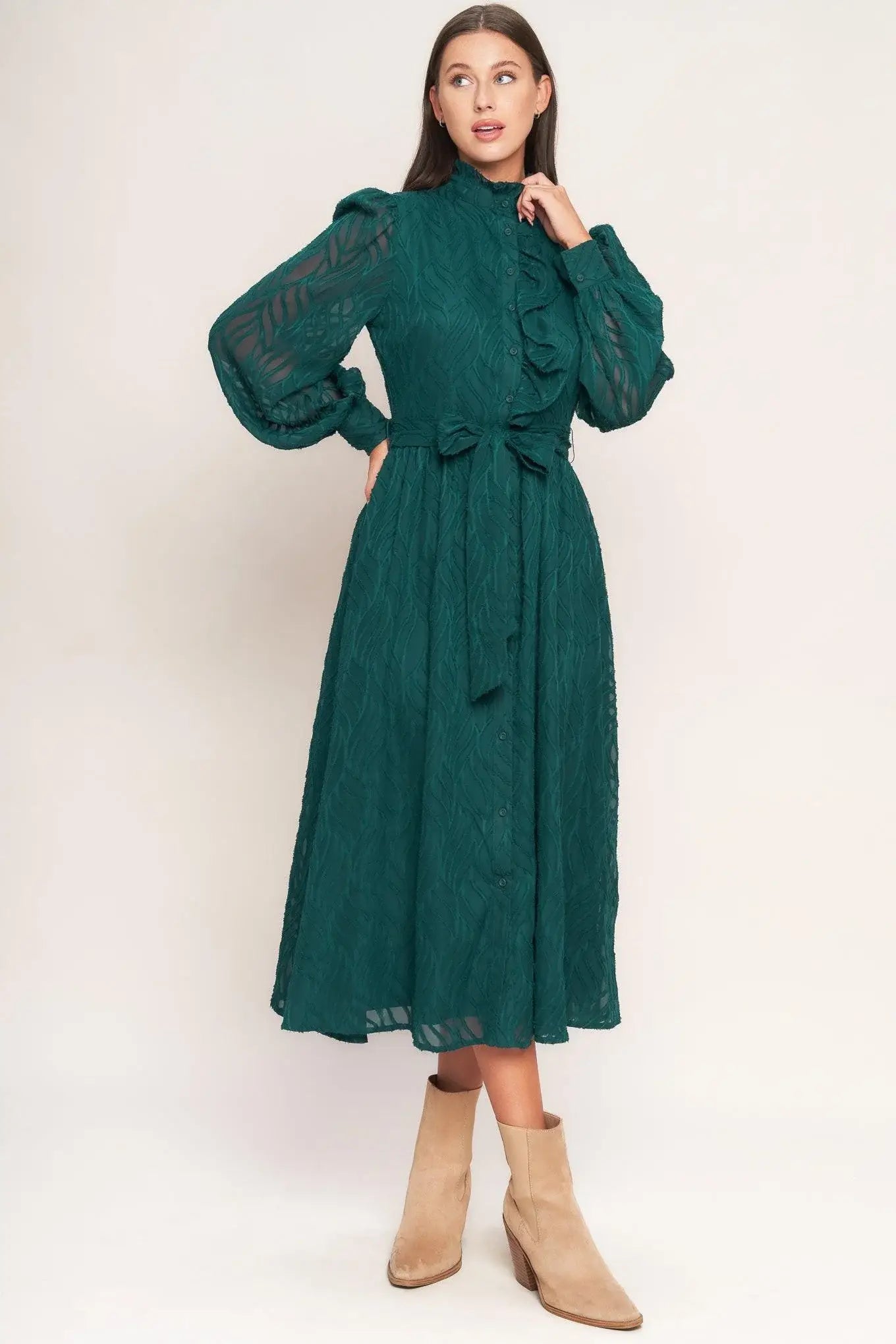 EMERALD WHISPER WOVEN MIDI DRESS - Flying Tomato - Flyclothing LLC