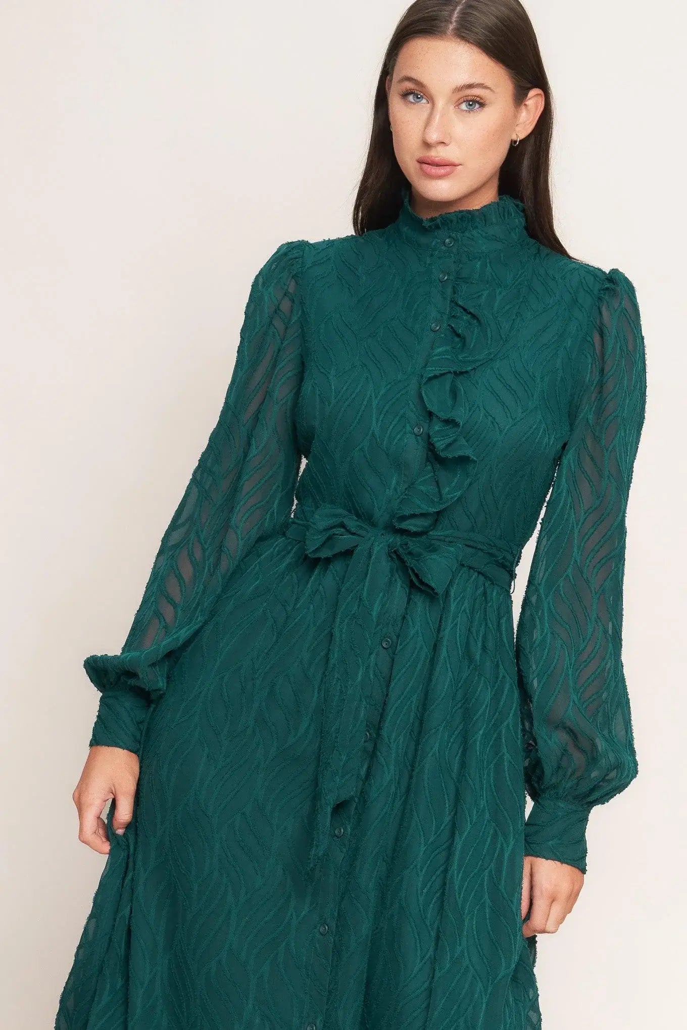 EMERALD WHISPER WOVEN MIDI DRESS - Flying Tomato - Flyclothing LLC