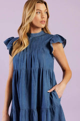 MATCH MY ENERGY WOVEN CHAMBRAY MINI DRESS - Flying Tomato - Flyclothing LLC