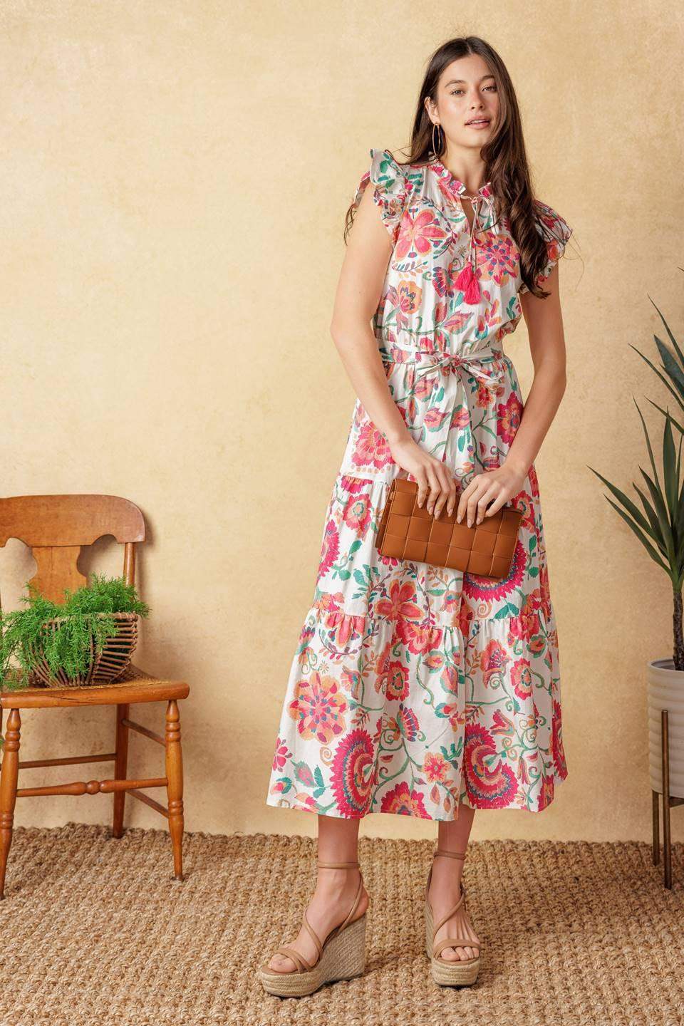 BRIGHT MOMENTS WOVEN MIDI DRESS - Flying Tomato - Flyclothing LLC
