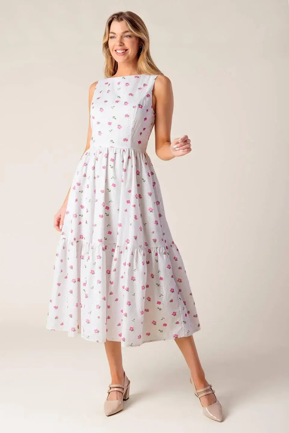 THENA GARDEN PARTY WOVEN EYELET MIDI DRESS - Flying Tomato - Flyclothing LLC