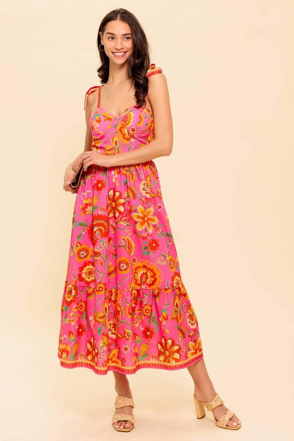 GARDEN GATHERING PINK WOVEN MIDI DRESS - Flying Tomato - Flyclothing LLC