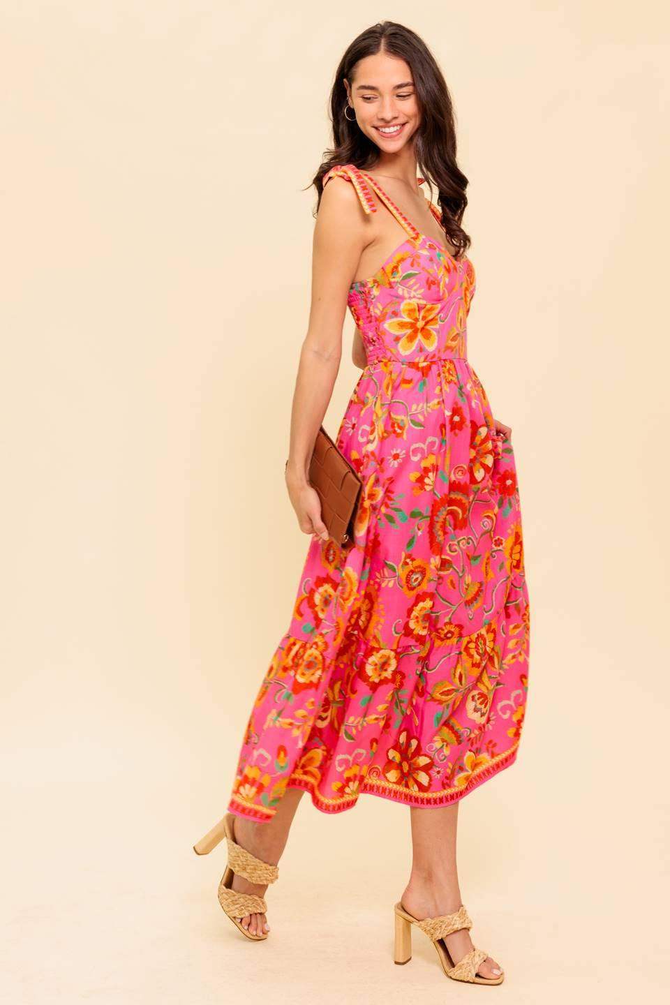 GARDEN GATHERING PINK WOVEN MIDI DRESS - Flying Tomato - Flyclothing LLC