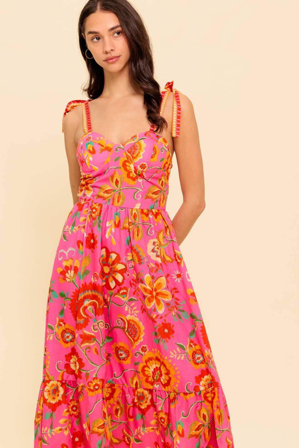 GARDEN GATHERING PINK WOVEN MIDI DRESS - Flying Tomato - Flyclothing LLC