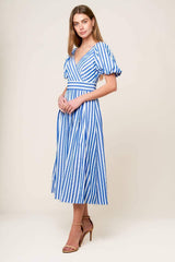 SUNSET STEPS BLUE WOVEN MIDI DRESS - Flying Tomato - Flyclothing LLC