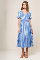SUNSET STEPS BLUE WOVEN MIDI DRESS - Flying Tomato - Flyclothing LLC
