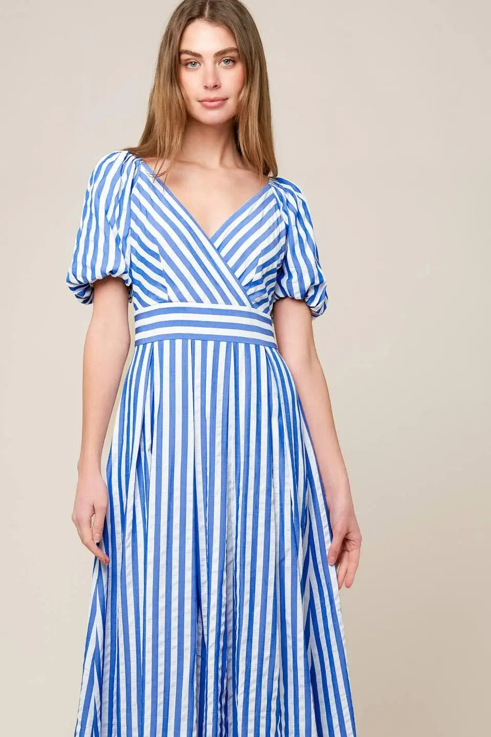 SUNSET STEPS BLUE WOVEN MIDI DRESS - Flying Tomato - Flyclothing LLC