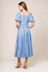 SUNSET STEPS BLUE WOVEN MIDI DRESS - Flying Tomato - Flyclothing LLC