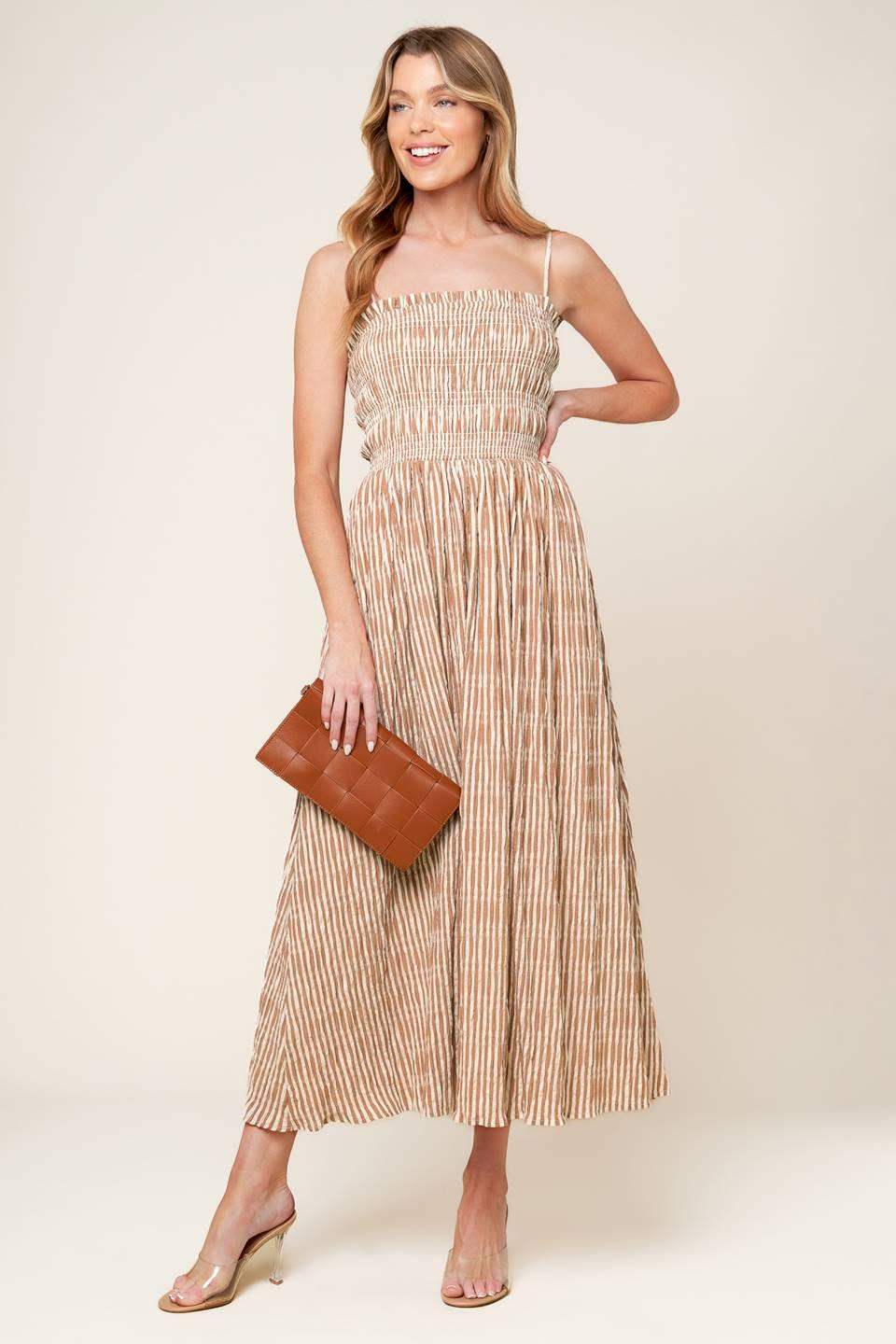 VALHALLA BROWN STRIPED WOVEN MIDI DRESS - Flying Tomato - Flyclothing LLC