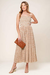 VALHALLA BROWN STRIPED WOVEN MIDI DRESS - Flying Tomato - Flyclothing LLC