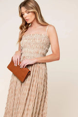 VALHALLA BROWN STRIPED WOVEN MIDI DRESS - Flying Tomato - Flyclothing LLC